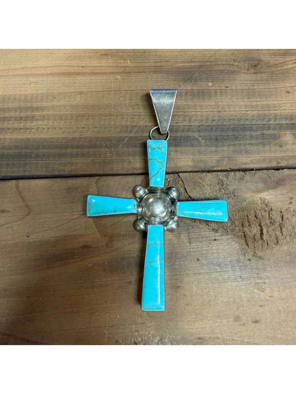 Sterling silver & turquoise colored inlay cross pendant vintage
